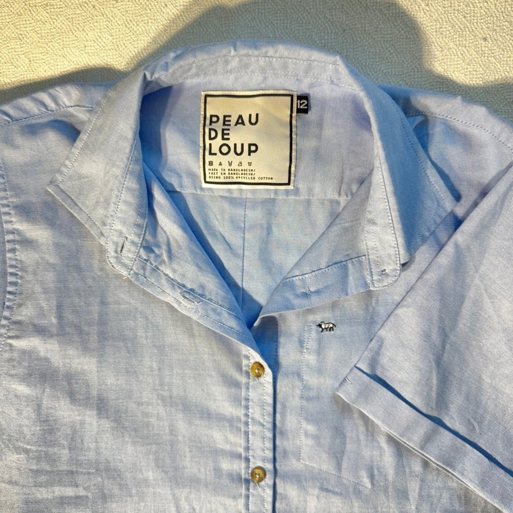 Peau De Loup Kids Light Blue Upcycled Cotton Short Sleeve Button Down Shirt 12